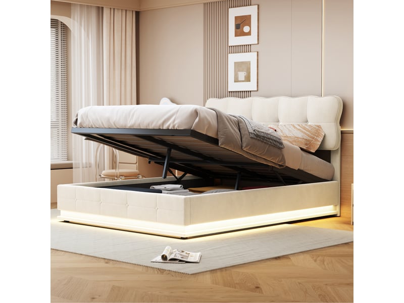  Lit 160 x 200 avec sommier, tête de lit rembourrée ondulée, rangement hydraulique, bande lumineuse led, velours beige  - Conforama D
