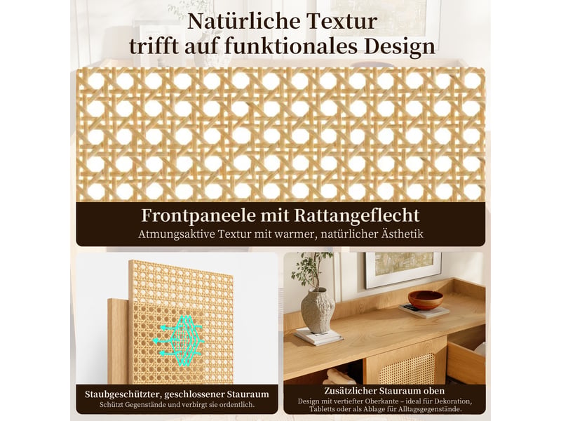  Buffet 3 portes 1 tiroir 120x40x91 cm - façades en cannage rotin, fermeture soft-close - effet chêne  - Conforama E