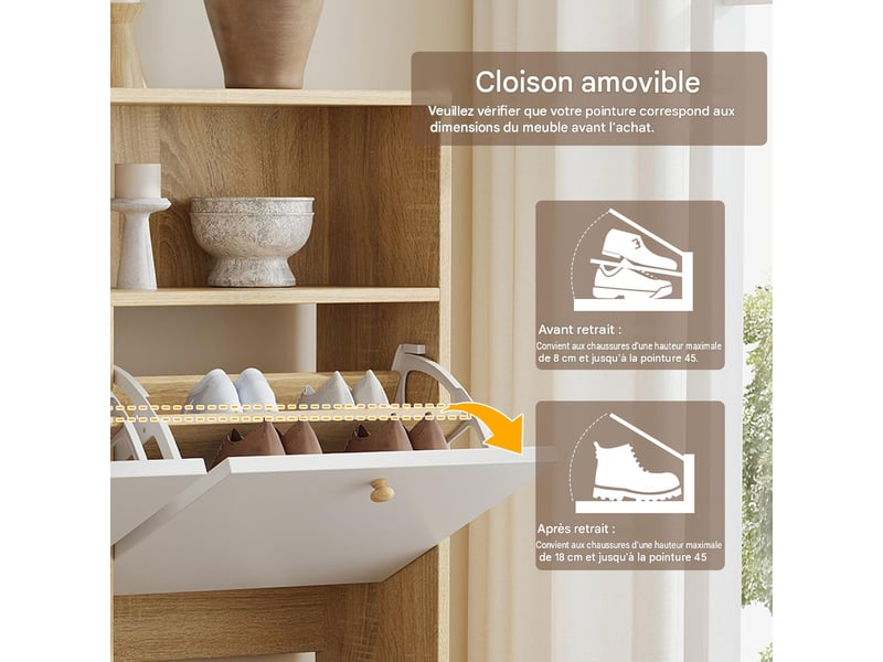  Meuble à chaussures 4 abattants et niches blanc et naturel 90x24x104.5 cm N657P374724N - Conforama D