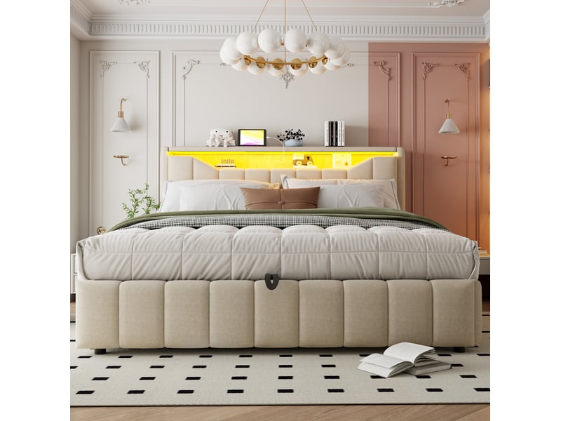  Lit coffre 180x200 cm avec led, usb et usb-c, tête de lit avec rangement beige  - Conforama E