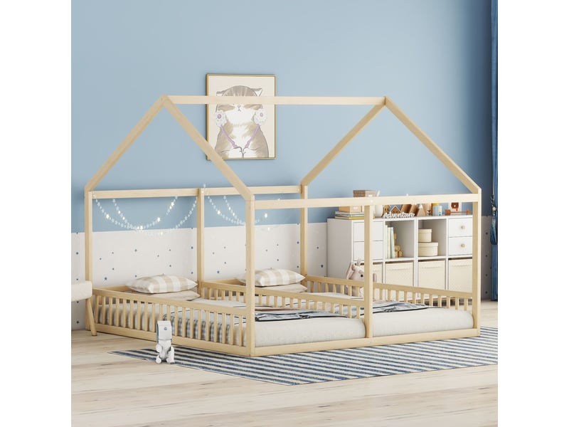 Lit cabane enfant 90x200, sécurité renforcée lit combine enfant, structure bois massif, design maison ludique, garde-corps haut - Conforama B