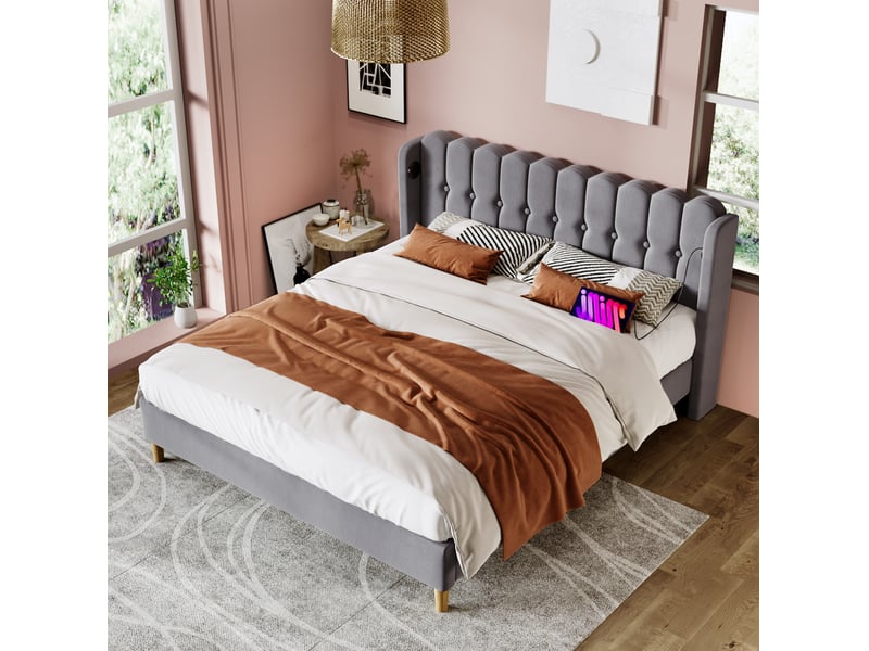  Modenvie lit double rembourré 160x200 cm - avec ports usb et usb-c, sommier et matelas inclus - gris  - Conforama E