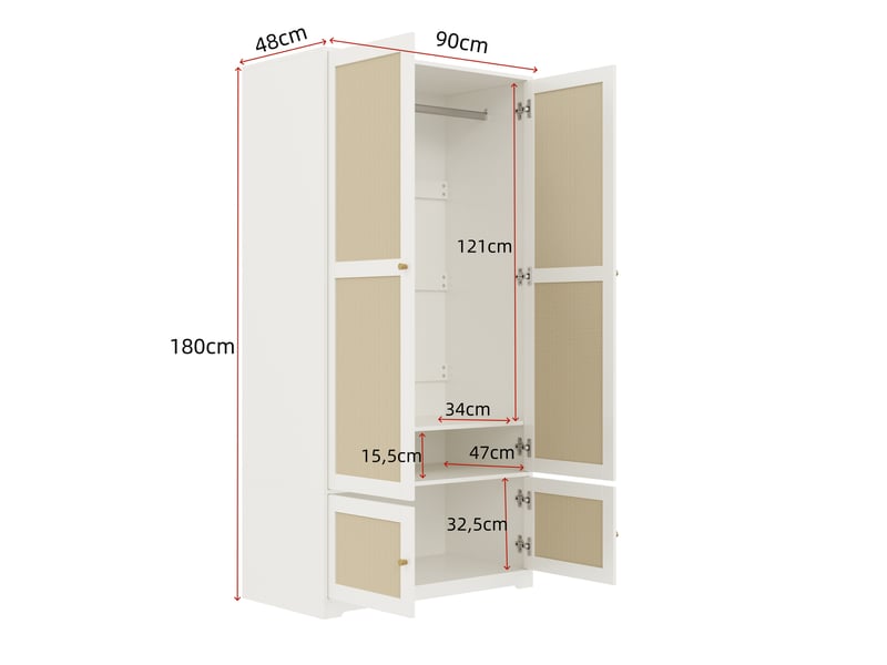 Armoire 2 portes en mdf blanc avec penderie et étagères, style rotin, rangement chambre - Conforama C