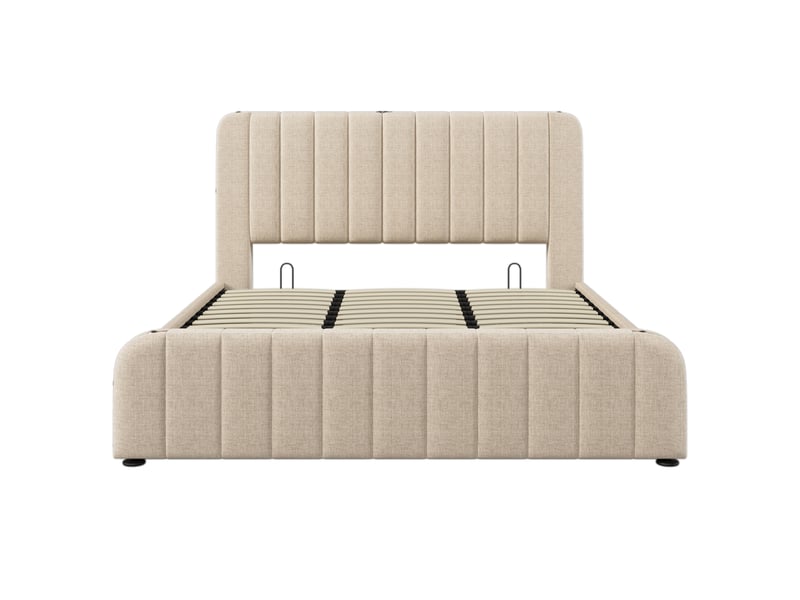  Lit adulte,180x200 cm,avec rangement hydraulique et usb,lin,beige  - Conforama D