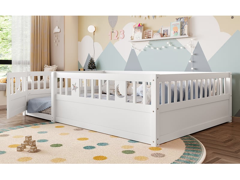  Lit enfant 140x190 cm avec barrière de sécurité blanc pin massif motif étoiles et lune sans matelas Sol Morn - Conforama B