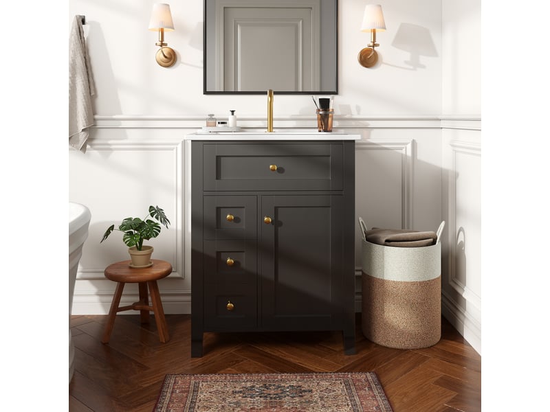  Meuble sous vasque avec tiroirs et porte à fermeture douce - lpospi - mdf et vasque céramique noir 61 × 47 × 86 cm  - Conforama B