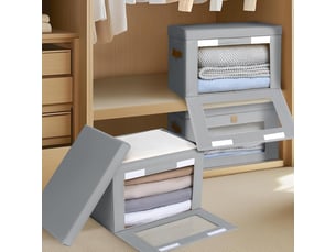 Lot de 6 bacs de rangement pliables en toile oxford gris avec fenêtre – organiseur pour vêtements et dressing