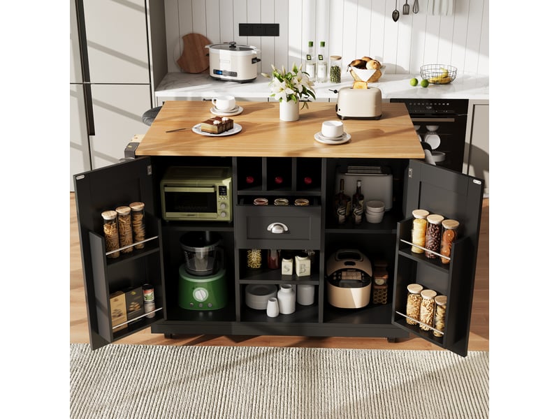  Îlot de cuisine noir avec plateau pliable 140x70 cm, desserte sur roulettes avec porte-bouteilles intégré et porte-serviettes latéral  - Conforama E