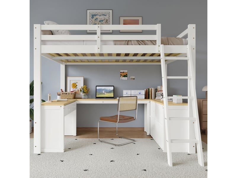  Lit mezzanine blanc et naturel 140x200cm avec rangement, échelle, gain de place, confort durable - bois massif - pour enfant ado  - Conforama D