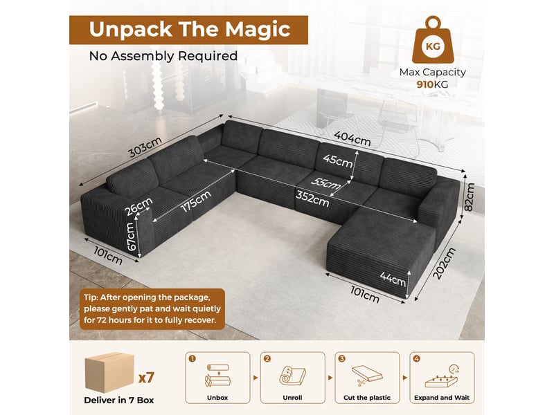  Canapé modulaire panoramique 7 places ouvert à droite,velours côtelé,1 pouf,canapé compressé pour grand salon,404x303x82cm,noir 404x303x82CM - Conforama C