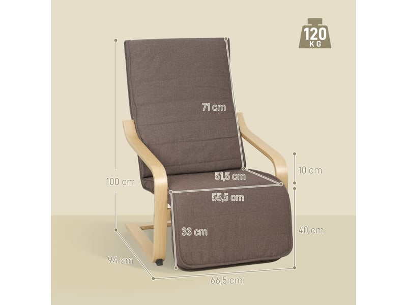  Fauteuil relax avec repose-pieds réglable, structure en bois de bouleau, marron  - Conforama D
