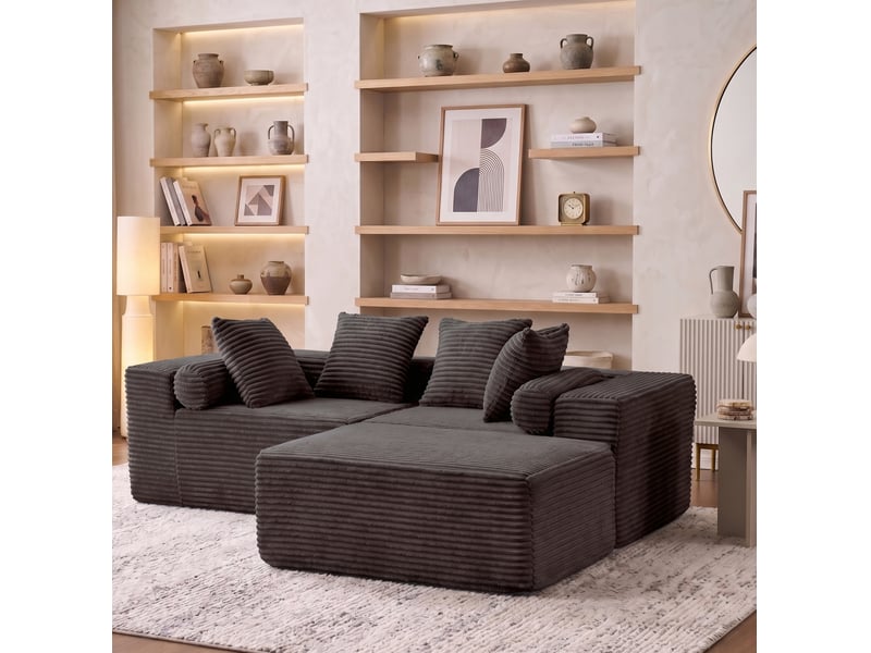  Canapé modulable d'angle 3 places compressé 266x110x60 cm en mousse douce et velours côtelé couleur noir  - Conforama B