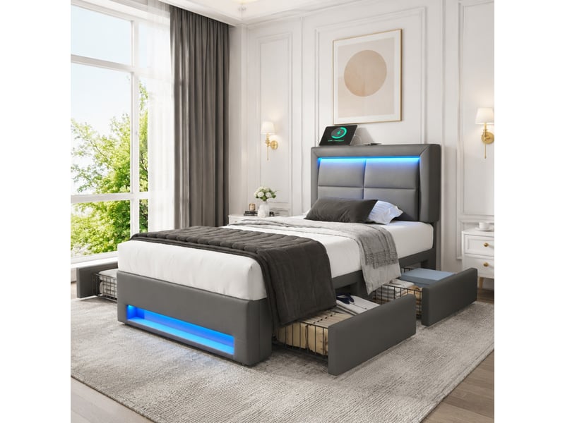  Lit simple rembourré 90x200 cm led, charge usb, 4 tiroirs, pu gris  - Conforama D
