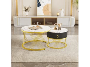 Tables basses gigognes avec 1 tiroir, effet marbre et pieds réglables pour salon, blanc et doré en mdf et métal