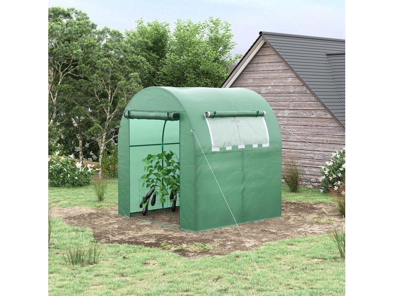 Serre de jardin 180x180x200 cm – verte – porte enroulable, fenêtre latérale, couverture pe et protection uv - Conforama B