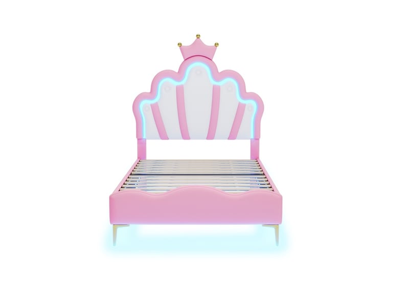  Lit 90x200 cm - lit enfant 90x200 cm - lit simple princesse couronne avec led tête et dessous de lit en similicuir - rose  - Conforama A