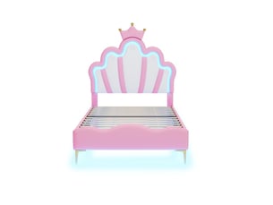 Lit 90x200 cm - lit enfant 90x200 cm - lit simple princesse couronne avec led tête et dessous de lit en similicuir - rose