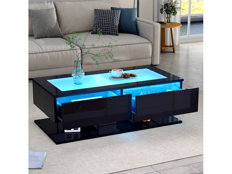 Table basse tcqpz 100 x 50 x 35 cm avec 2 tiroirs led plateau en verre trempé noir  - Conforama E