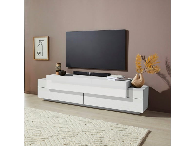 Meuble tv de salon blanc 200cm 4 placards et 3 portes corona low lacq  - Conforama E