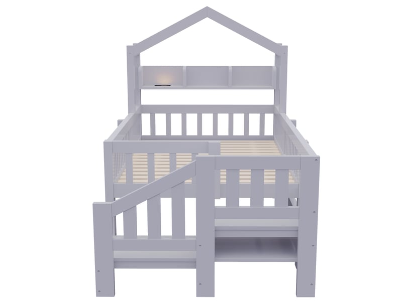 Lit mezzanine enfant 90x200 cm avec rangements et éclairage led, bois et mdf, gris sans matelas - Conforama E