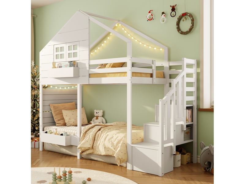  Lit superposé enfant 90x200 cm en bois avec escalier de rangement et fenêtre, blanc  - Conforama D