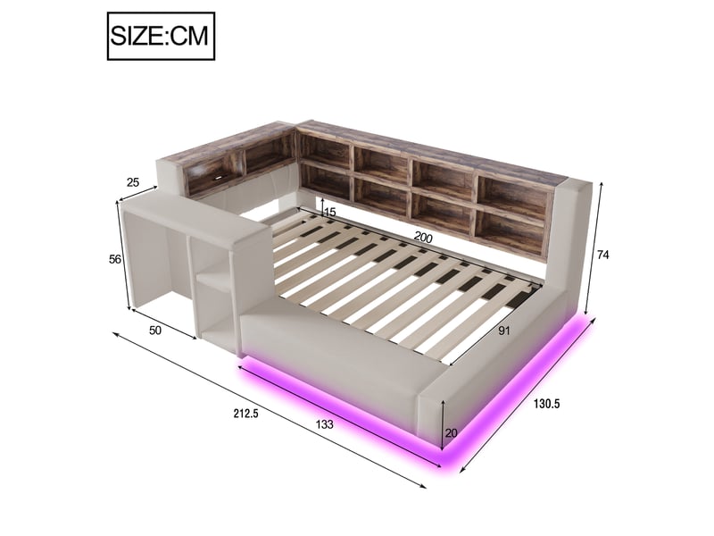  Lit enfant multifonctionnel 90x200 cm - lit simple avec rangement, étagères, led, prises et table d'appoint - gris  - Conforama C