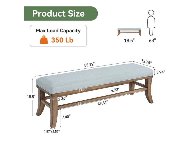  Banc en bois massif de 55 po avec coussin, banc de chambre rembourré, pieds en pin massif, banc moderne rembourré pour bout de lit ou entrée, couloir et salon  - Conforama C
