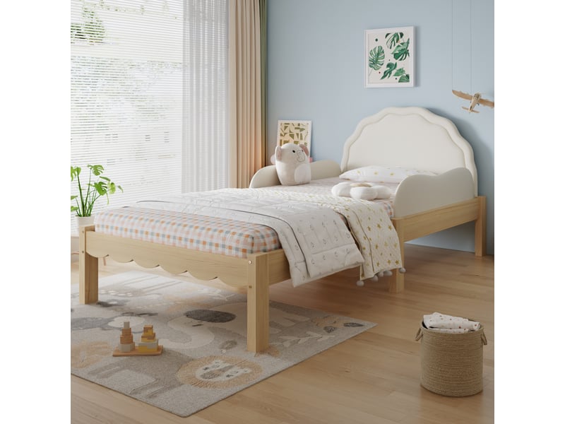 Lit simple pour enfant 90 x 200 cm, tête de lit en pu, barrières latérales, sommier à lattes robuste, beige - Conforama E