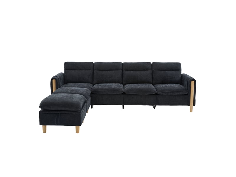  Canapé en u modulable 4 places, 2 poufs coffres, chenille noir, 261 cm  - Conforama A