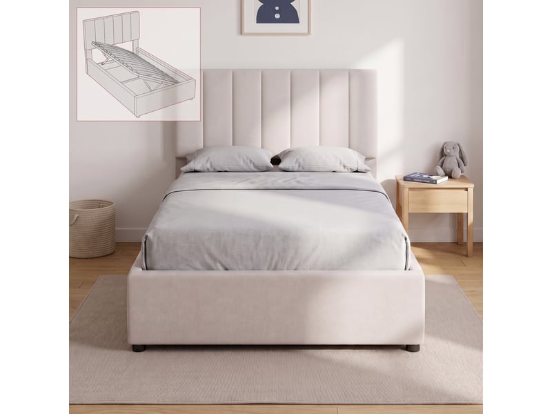  Lit coffre 90x200 cm avec sommier, lit simple enfnat avec tête de lit réglable, tissu lin, style moderne, beige  - Conforama B