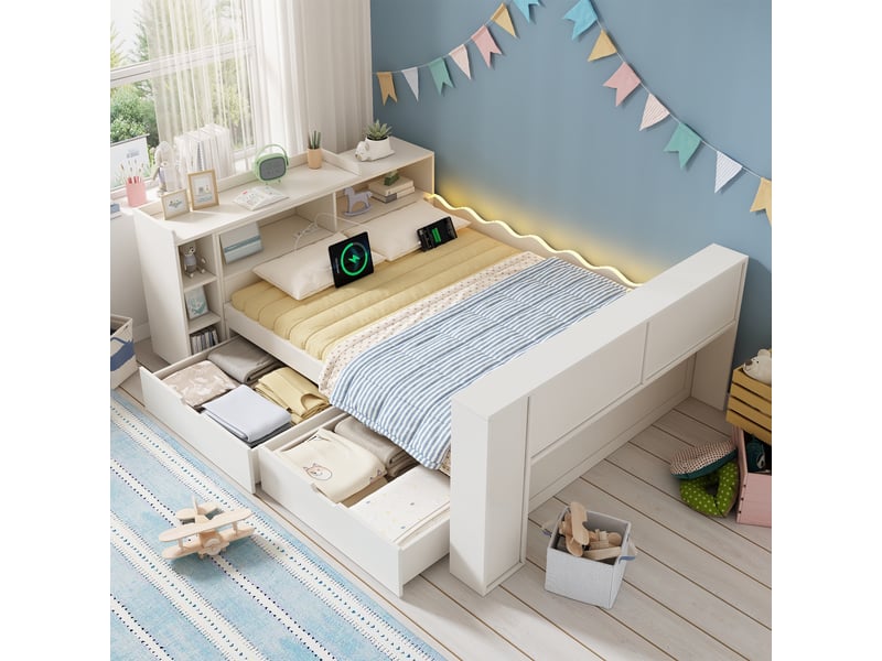 Lit multifonction rangement 140x190 cm avec, led et station usb type-c, 2 tiroirs, tablette coulissante gauchedroite, blanc Morn Vibe - Conforama D