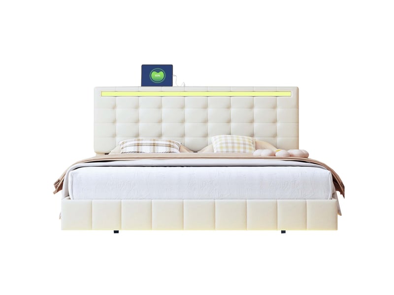 Lit Flottant Double 160x200 Cm Avec éclairage LED Et Ports USB - Tête De Lit Rembourrée Avec Rangement, Blanc