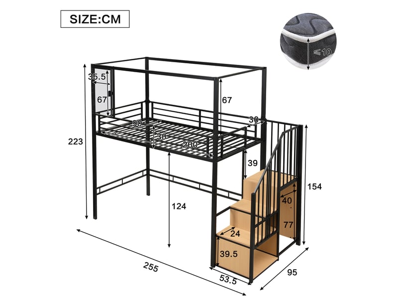 Lit mezzanine 90x200 cm avec escalier à rangement et penderie - lit enfant en métal noir - sans matelas  - Conforama C