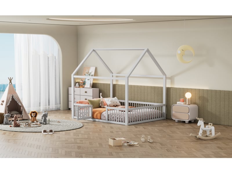  Lit enfant cabane 140x200 cm en pin blanc avec barrières et porte  - Conforama W