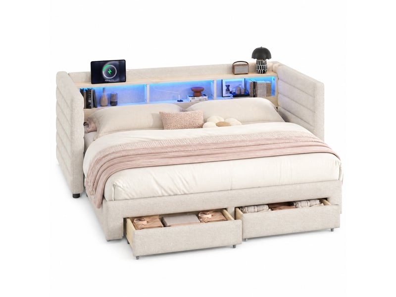  Lit simple 90x190 cm convertible avec éclairage led, en velours beige  - Conforama A