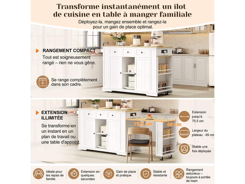  Îlot de cuisine mobile blanc et bois naturel en mdf, table extensible, prise intégrée, roulettes, 138 (213) × 55 × 93 cm  - Conforama C