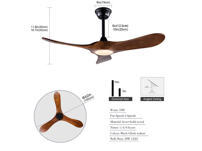  Ventilateur de plafond 106 cm éclairage led 3 pales bois massif noyer et noir réversible 6 vitesses télécommande  - Conforama E