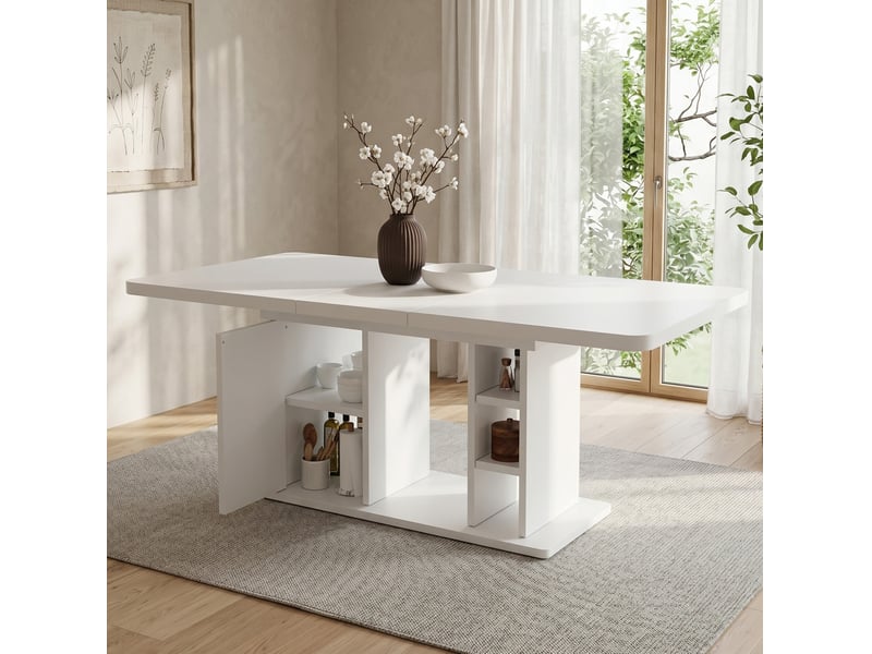  Table à manger extensible 140180 x 80 cm blanche avec rangement  - Conforama B