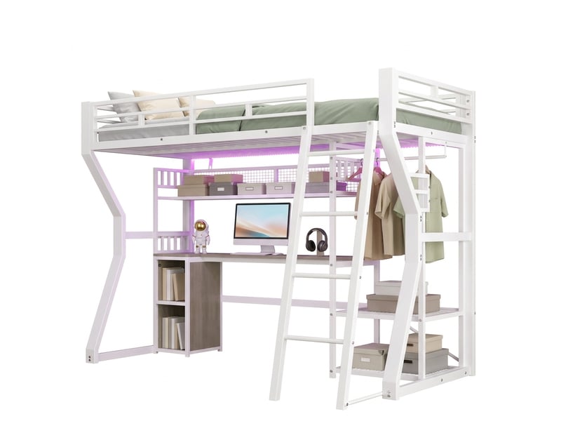  Lit mezzanine, lit simple 200x90 cm en métal et mdf avec bureau, prise, penderie et led, sans matelas, blanc  - Conforama A