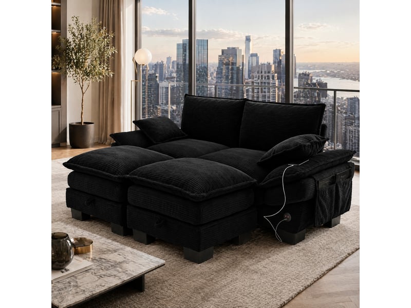 Canapé droit modulable 2 places en velours côtelé noir avec 2 poufs, usb-c et rangement pour le salon  - Conforama B