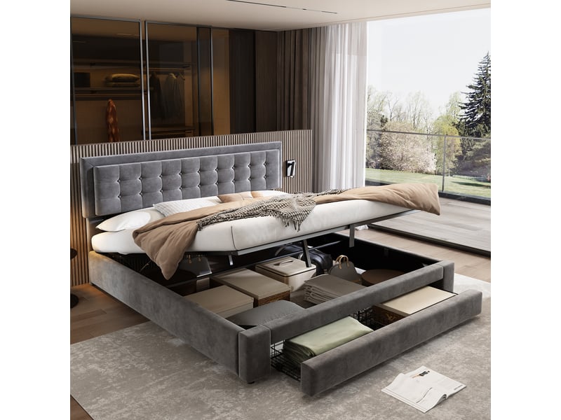 Lit coffre 160x200 cm - lit double rembourré avec sommier à lattes en bois - velours - sans matelas - gris - Conforama B