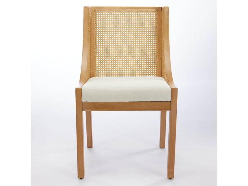  Chaise de salle à manger en bois massif avec accoudoirs décoratifs, assise en tissu effet lin, rotin synthétique, beige  - Conforama A