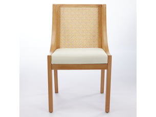 Chaise de salle à manger en bois massif avec accoudoirs décoratifs, assise en tissu effet lin, rotin synthétique, beige