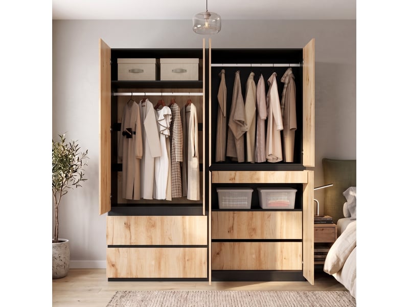 Armoire 6 portes 180x50x200 cm chêne artisan et blanc avec 5 tiroirs - Conforama D
