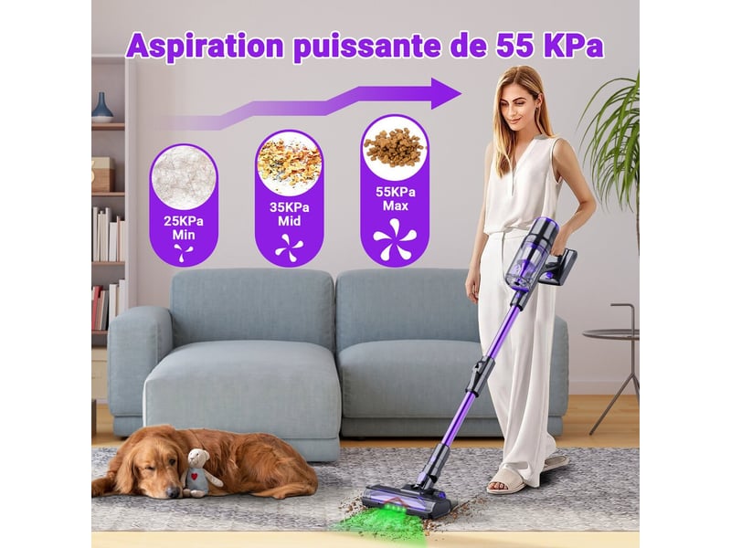  Aspirateur balai blossom dsv112a-sans fil pliable-253555kpa 65min-écran led-lampe vert anti-poussière cachée-violet  - Conforama C