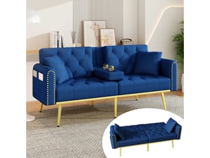 Canapé 2 places, transformable en lit, avec porte-gobelets, en velours, coloris bleu, l175 x p80 x h73,5 cm, pour salon et chambre