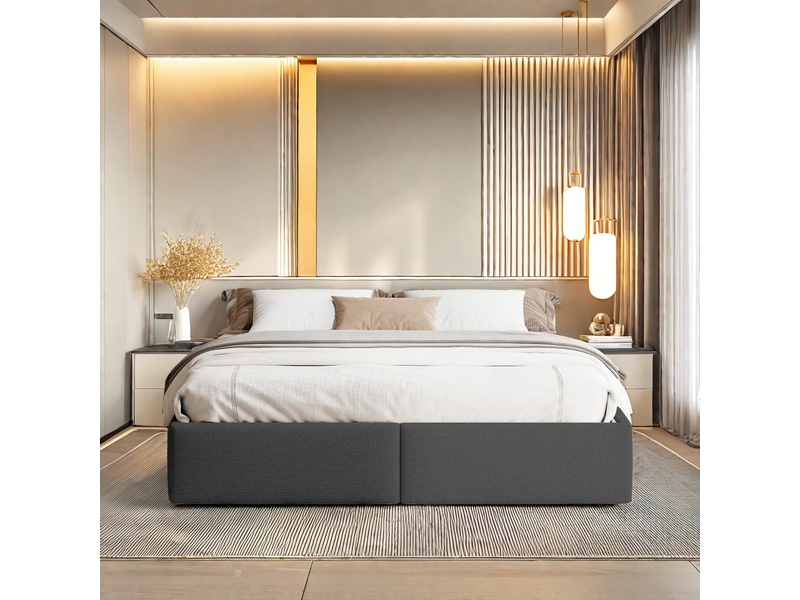 Lit 160 x 200 cm rembourré avec coffre de rangement et 2 tiroirs, lit double hydraulique sans tête de lit, revêtement en lin, gris, sans matelas - Conforama W