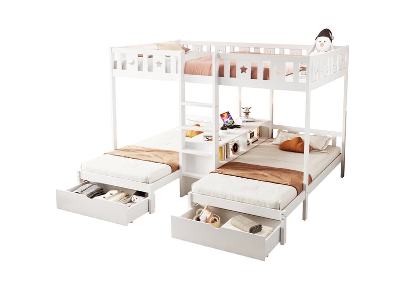  Lit superposé 3 places 90-140 x 200 cm avec 2 tiroirs led et rangements intégrés, structure bois, blanc BUYDEEMEUS - Conforama A