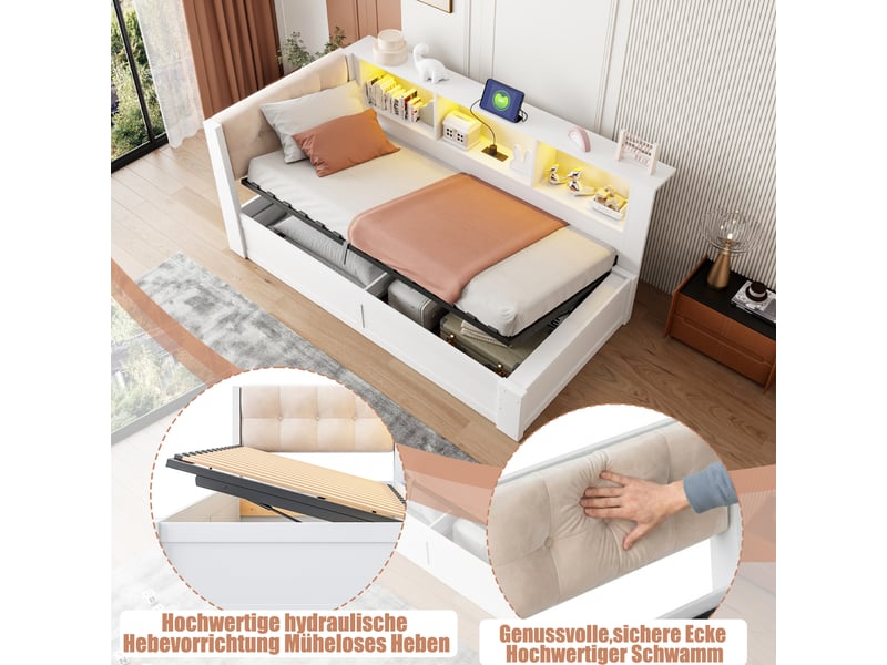 Lit de jour 90x200 cm avec rangement hydraulique - lit banquette en bois avec led, usb et étagères blanc  - Conforama E