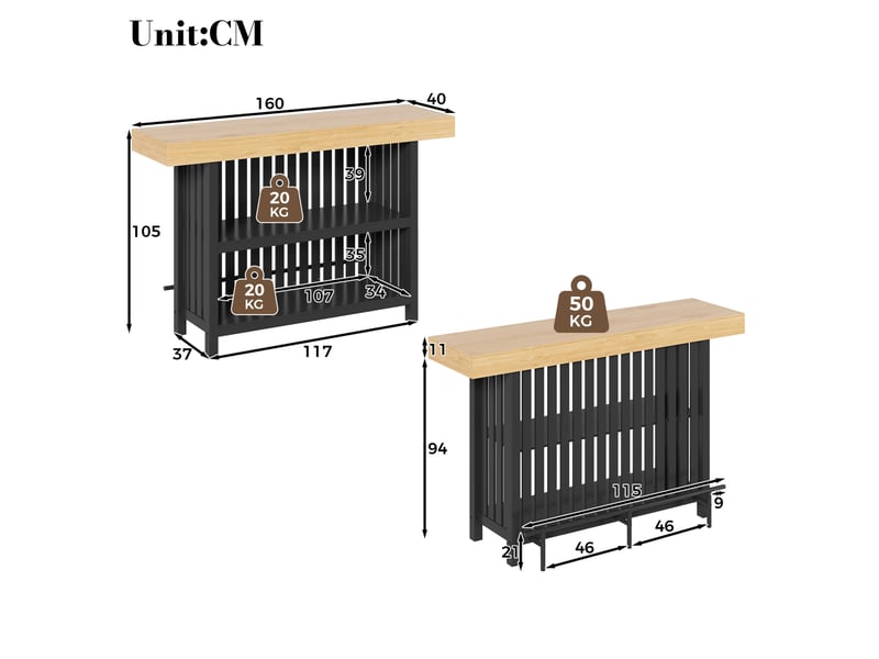 Table de bar 160x40x105 cm avec repose-pieds et 2 étagères noir effet bois - Conforama C